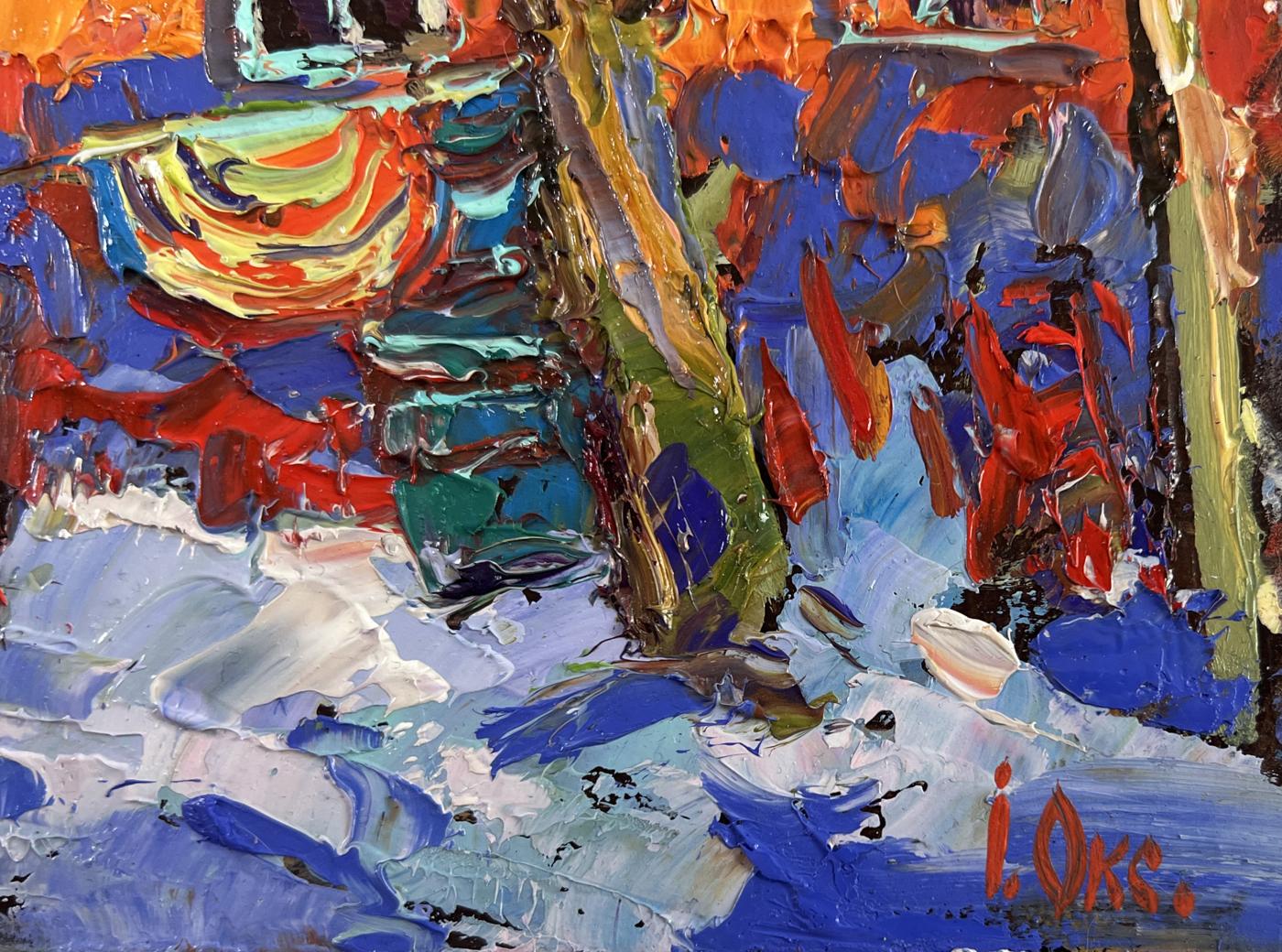 Vibrant impasto oil painting of winter morning quiet beauty by Oksana Ivanyuk
