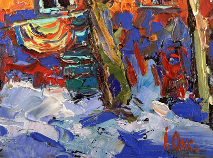 Vibrant impasto oil painting of winter morning quiet beauty by Oksana Ivanyuk