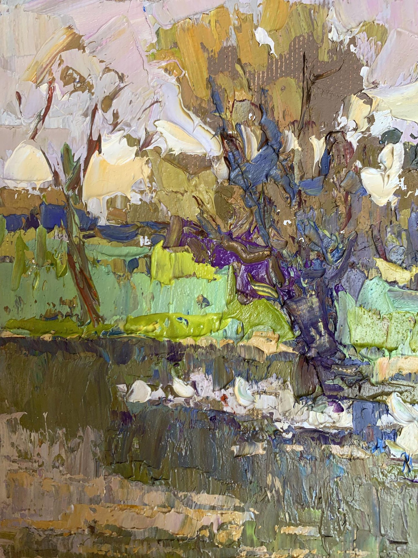 Oil painting Geese in the Lake by Oksana Ivanyuk, abstract landscape