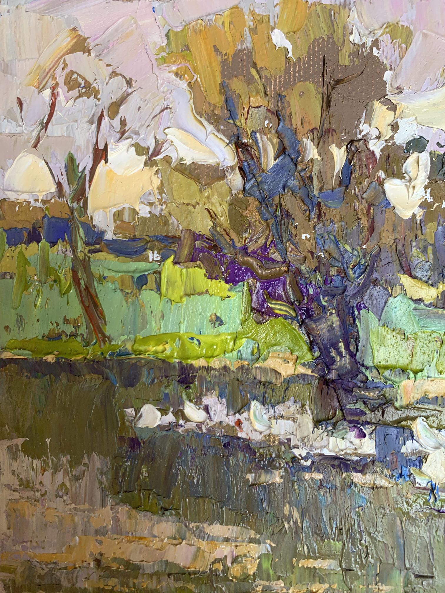 Oil painting Geese in the Lake by Oksana Ivanyuk, abstract landscape