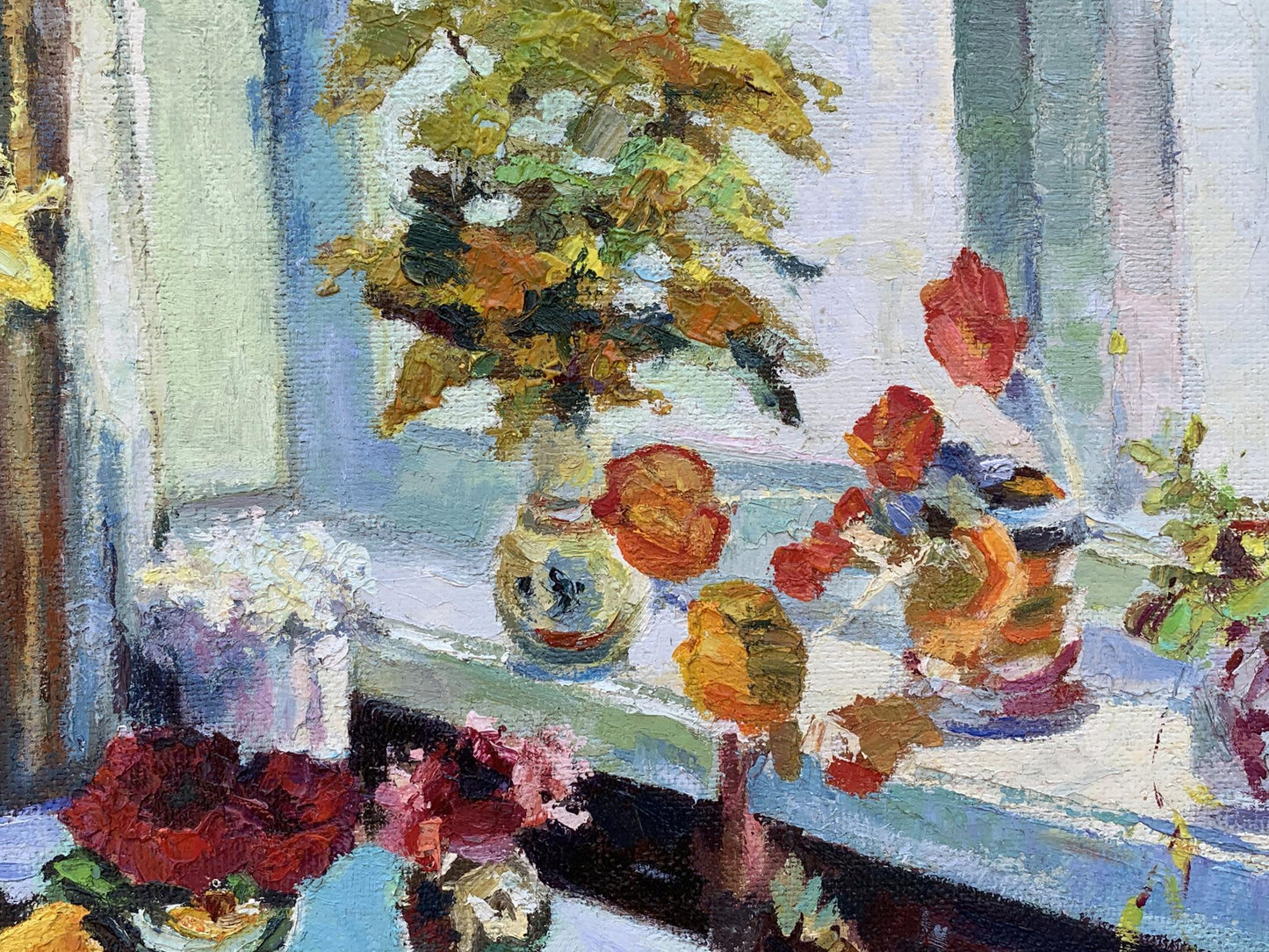 Oil painting The fruit table is set Boris Serdyuk with autumn leaf bouquet vase