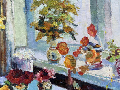 Oil painting The fruit table is set Boris Serdyuk with autumn leaf bouquet vase
