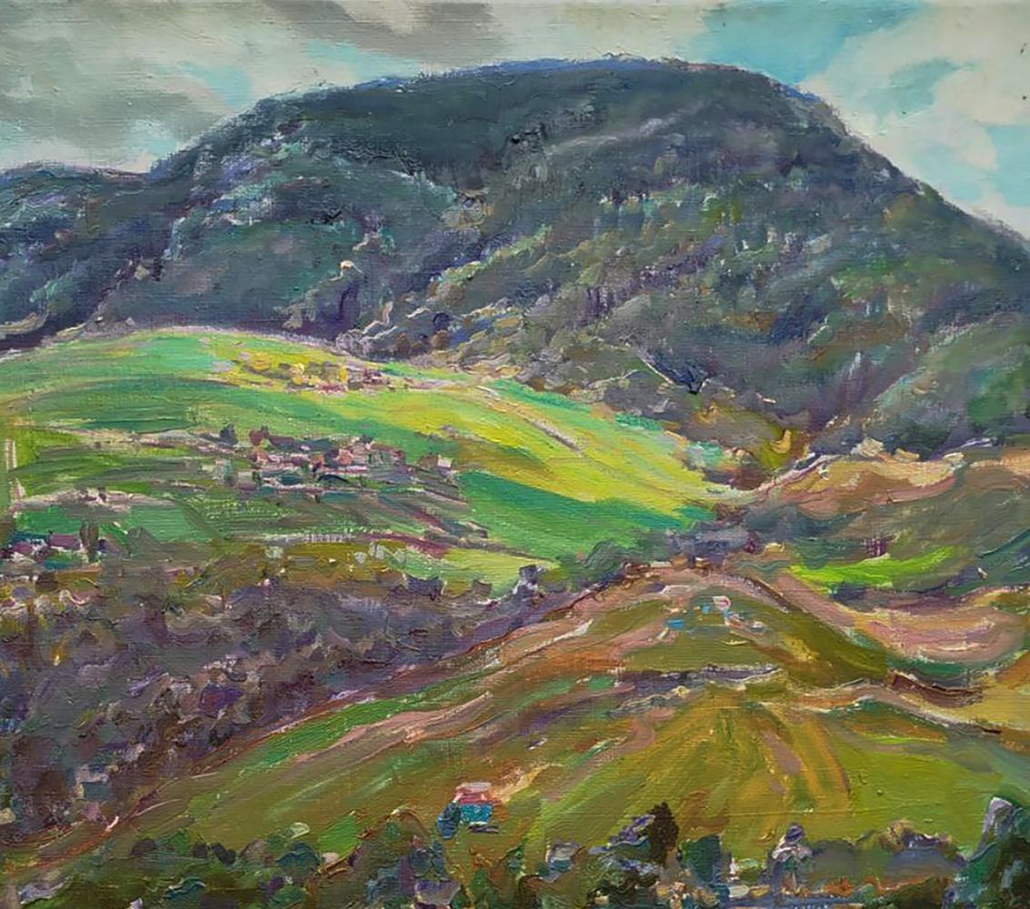 Vibrant impressionist oil painting of rural mountains by Leonid Pavlenko