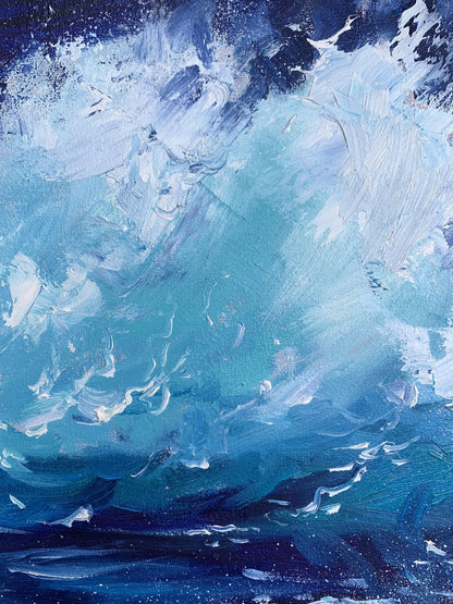Abstract oceanic oil painting Sea wavy breeze by Tatyana Derdey in blue teal white
