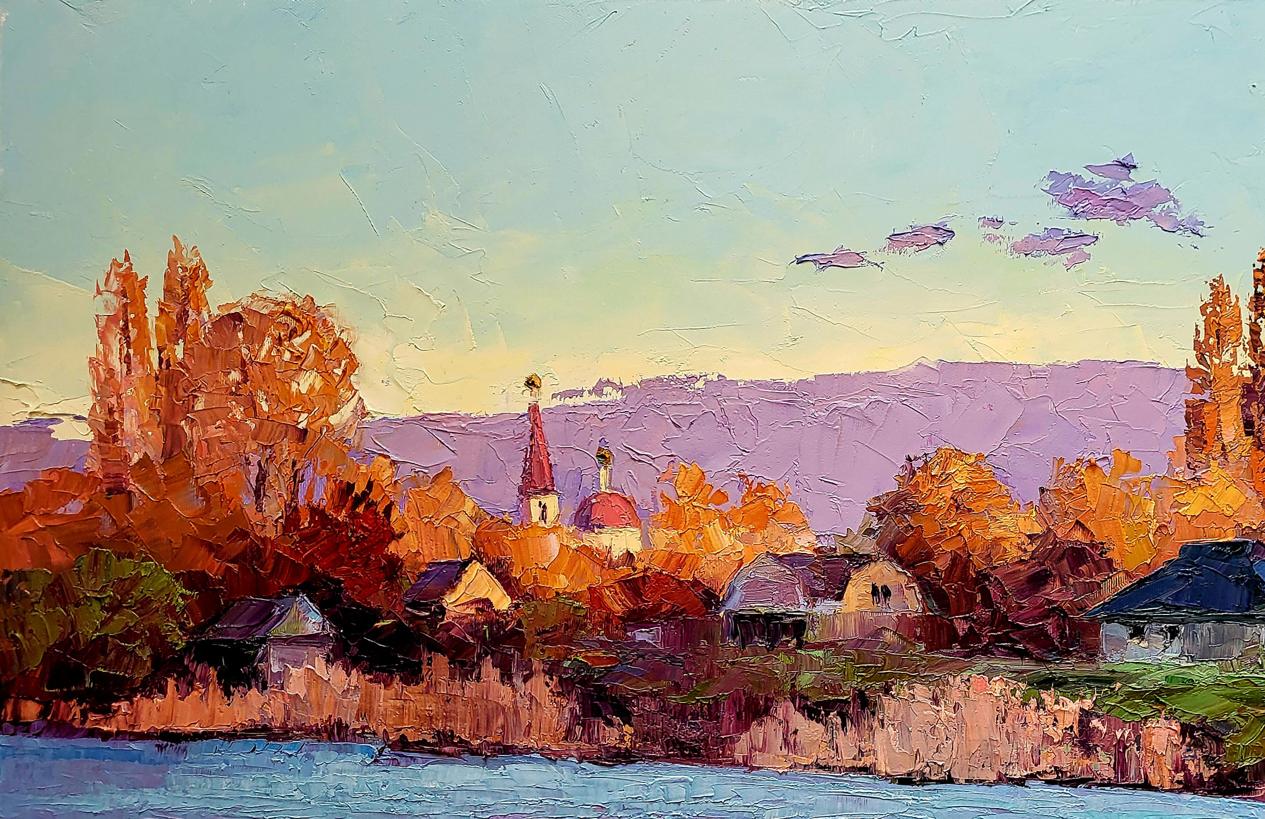 Oil painting Behind the River by Boris Serdyuk: autumn village with church spire