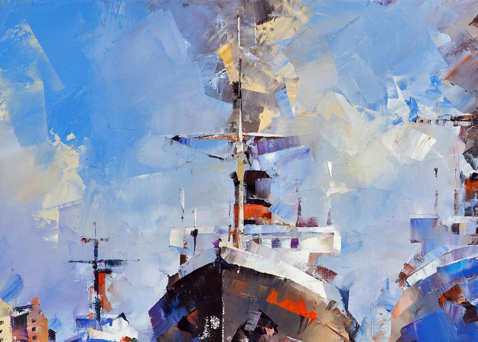 Oil painting Frosty morning by Volodymyr Gluhomanyuk ships bow in blues