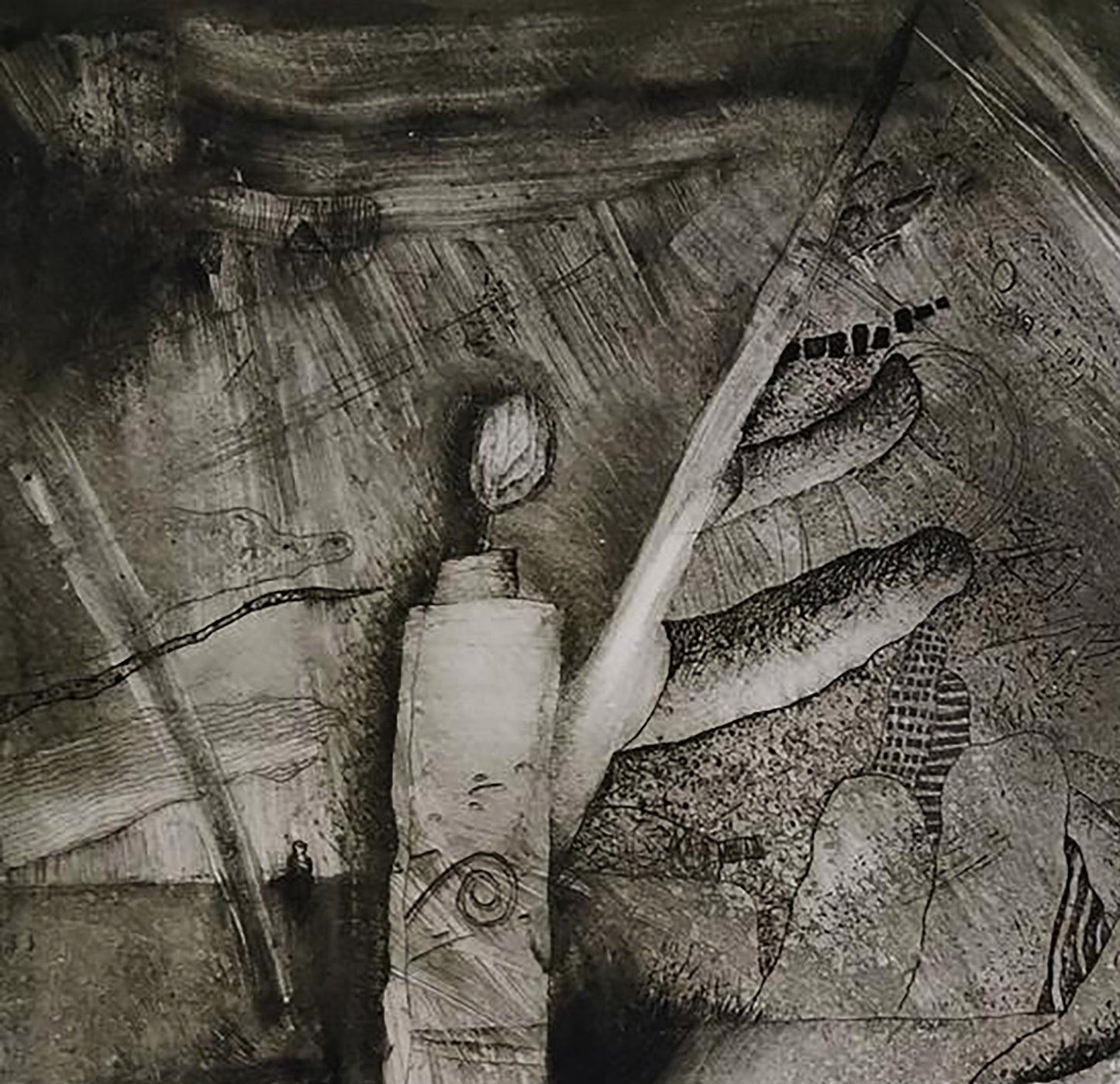 Monochromatic abstract etching painting by unknown artist, Canon, textured layers