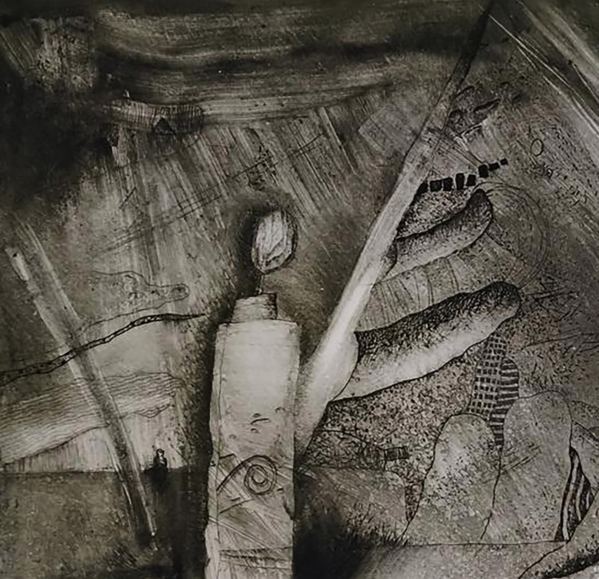 Monochromatic abstract etching painting by unknown artist, Canon, textured layers