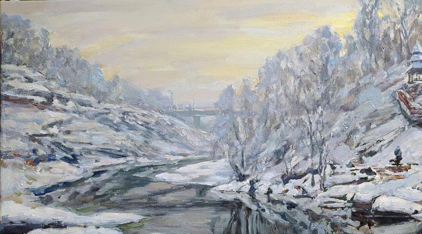 Oil painting Winter on the River by Leonid Pavlenko, snowy landscape
