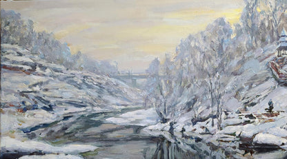 Oil painting Winter on the River by Leonid Pavlenko, snowy landscape