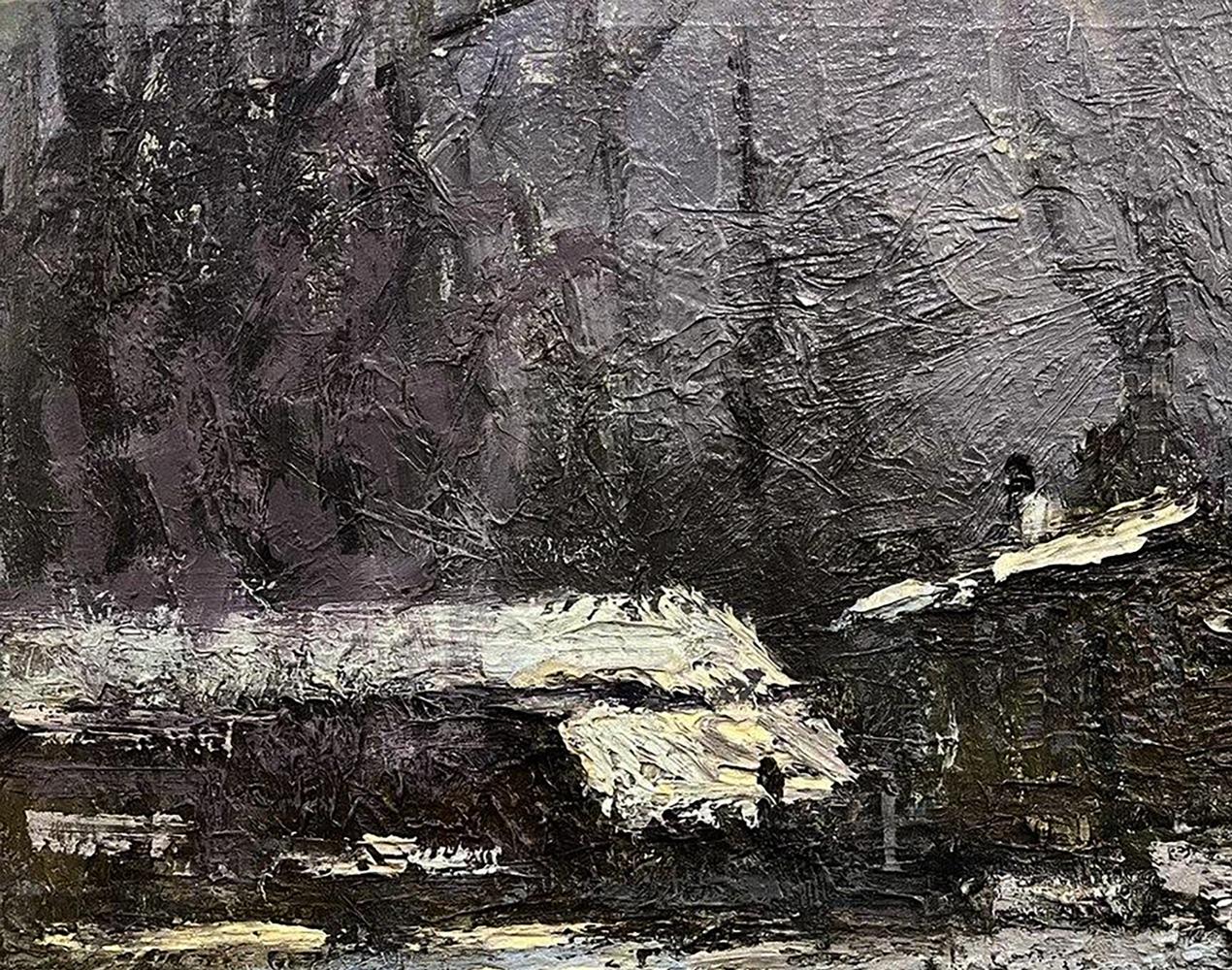 Oil painting sketch under the village by Volodymyr Pashchenko: solitary figure in snowy woods