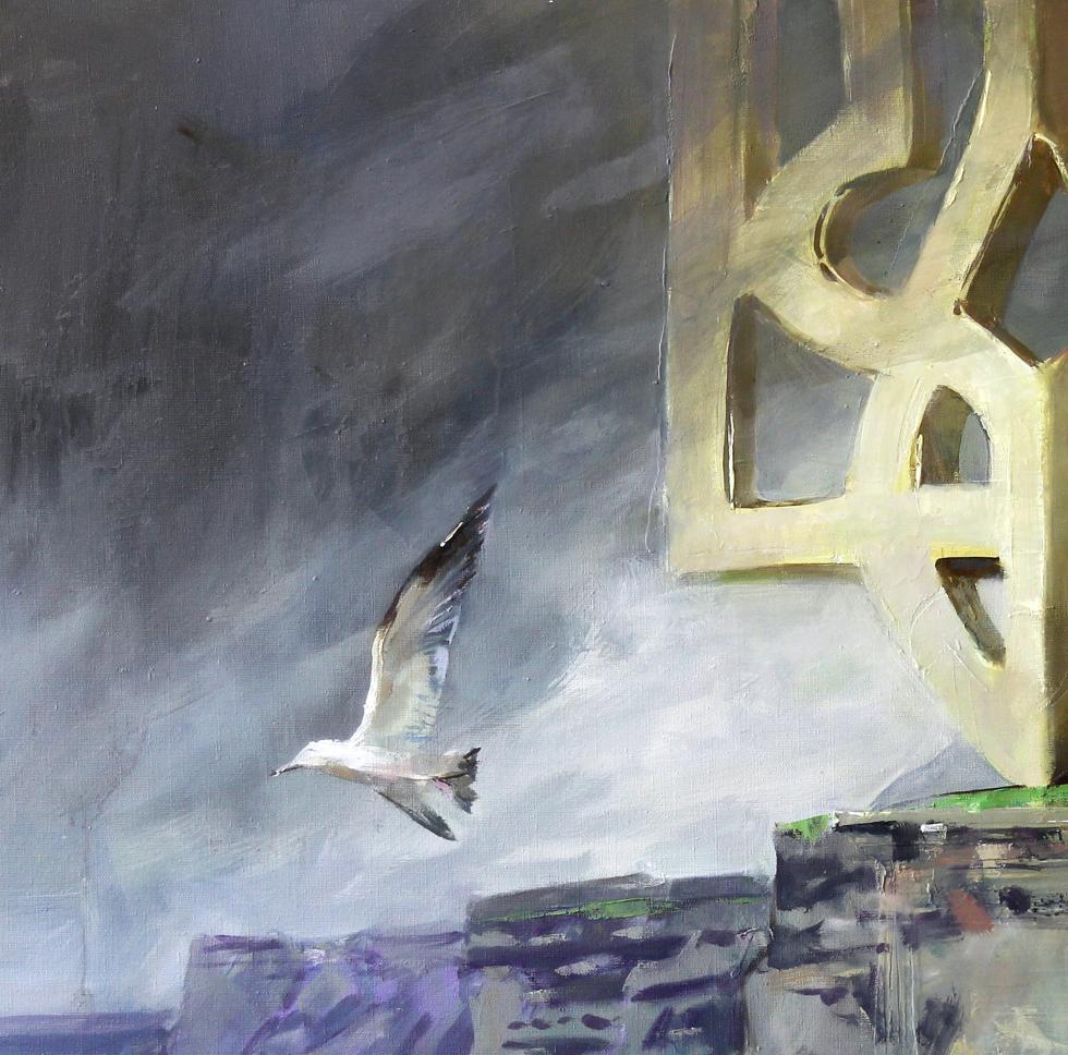 Oil painting of white gray seagull flying moody sky by Ed Potapenkov