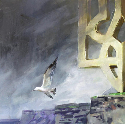 Oil painting of white gray seagull flying moody sky by Ed Potapenkov
