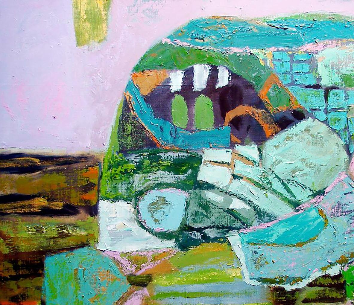 Oil painting Green Memory by Tatyana Shulyak with teal green purple white brushstrokes