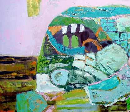 Oil painting Green Memory by Tatyana Shulyak with teal green purple white brushstrokes