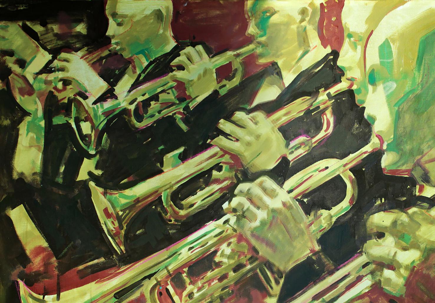 Vibrant abstract oil painting March Ed Potapenkov jazz band trumpets