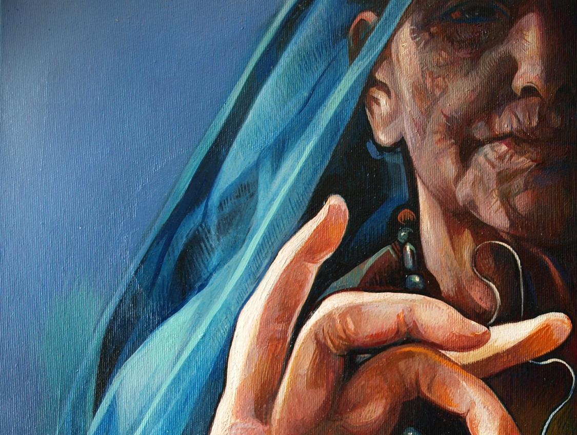 Oil painting Balances by Konsta G. Amelinn: elderly womans veiled face