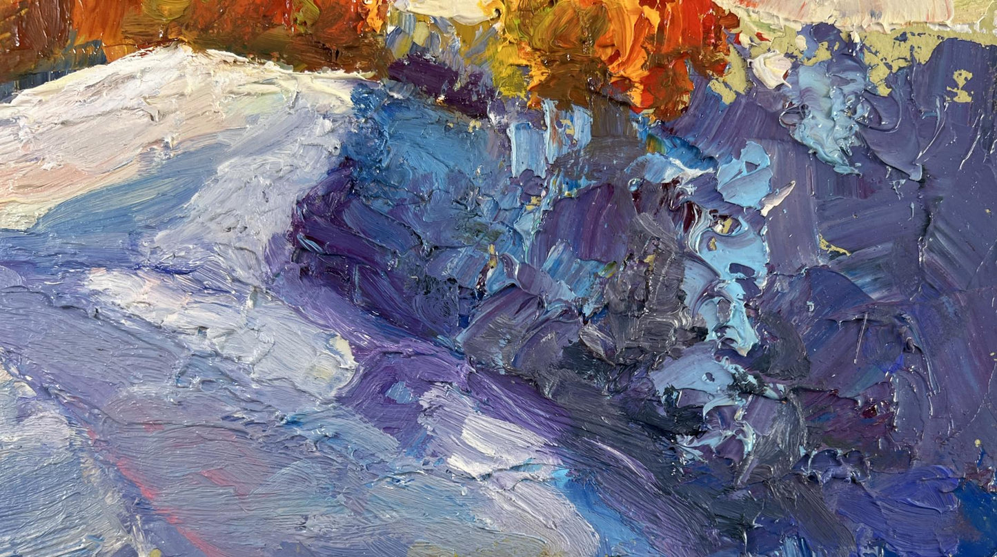 Oil painting The silence of winter by Boris Serdyuk with purple blue winter hues
