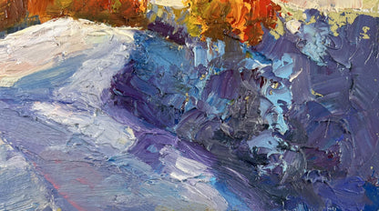 Oil painting The silence of winter by Boris Serdyuk with purple blue winter hues