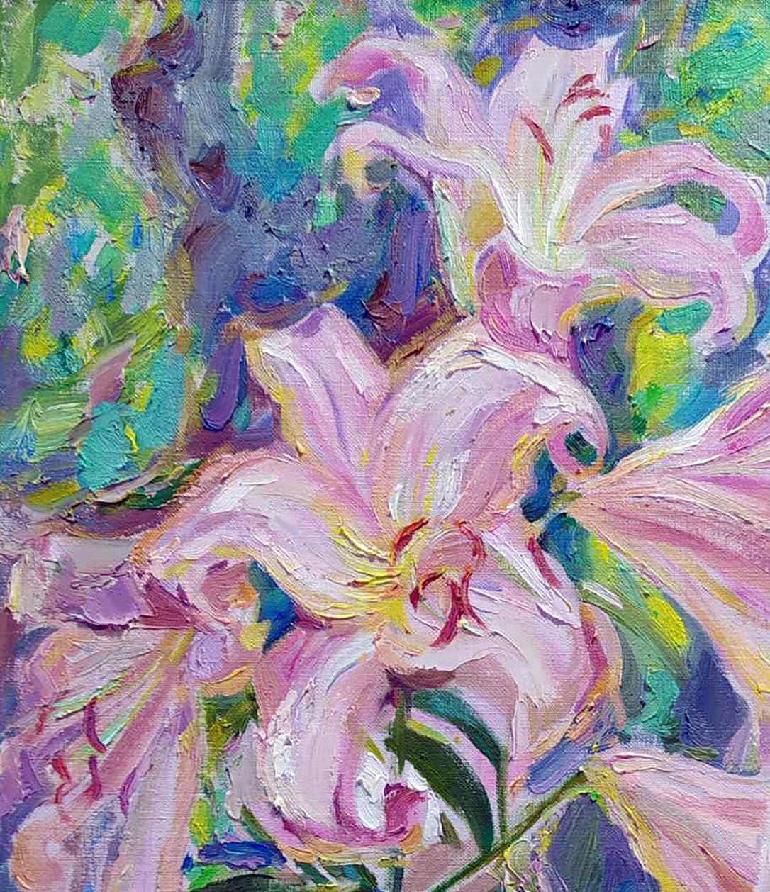 Oil painting of vibrant pink lilies by Leonid Pavlenko