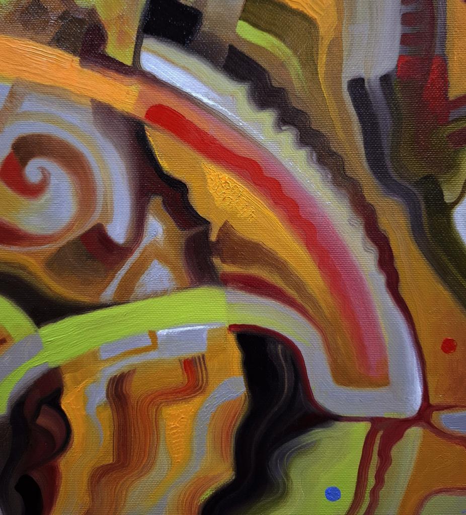 Vibrant abstract oil painting by Sergiy Voichenko with swirling orange, red, yellow, green hues on textured canvas