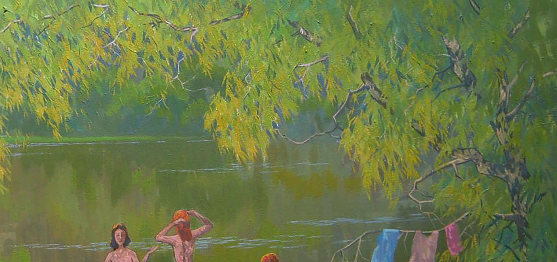 Oil painting of vibrant green willow over pond by Valery Savenets