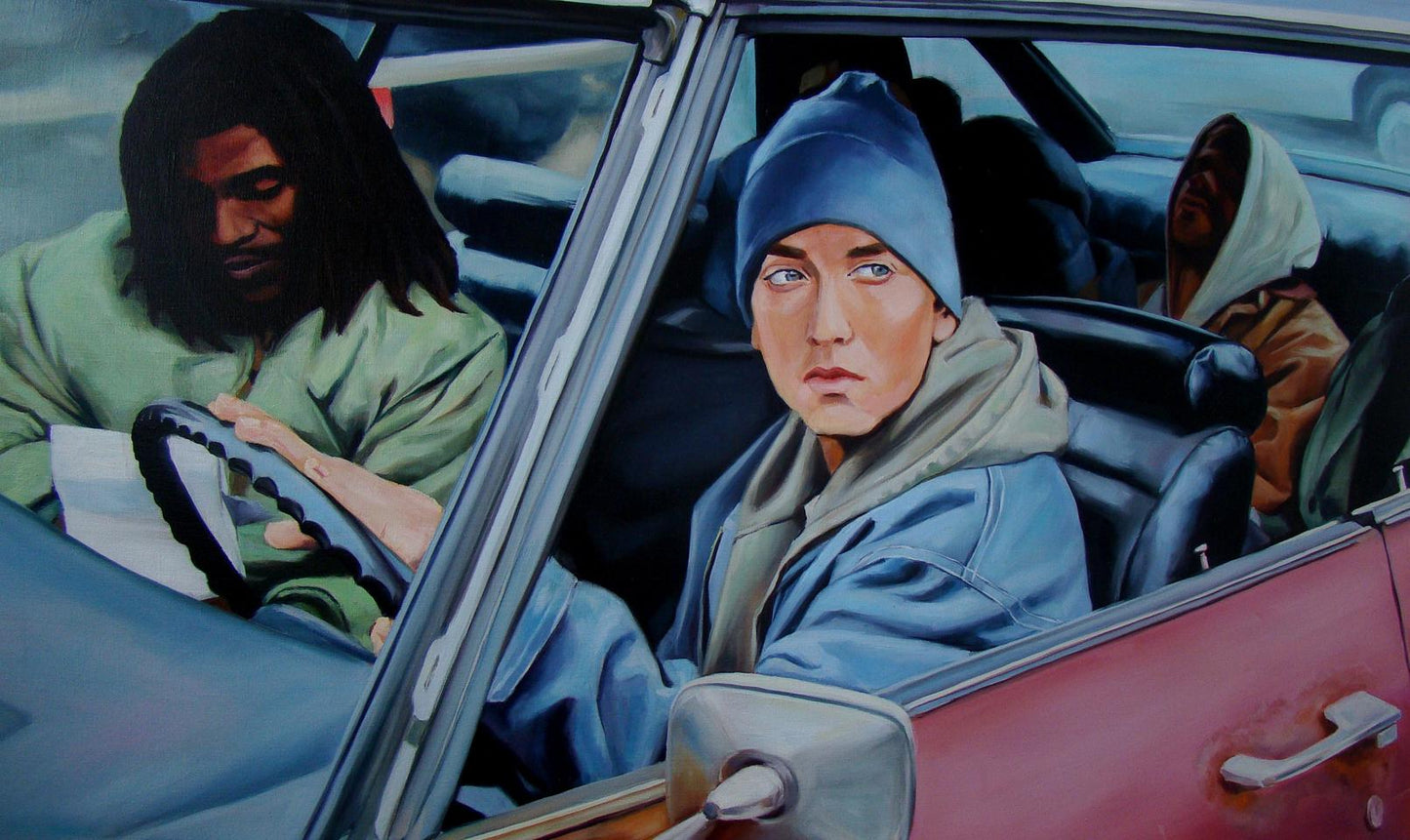 Oil painting of Eminem in blue beanie driving red car by Yulia Lihina