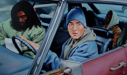 Oil painting of Eminem in blue beanie driving red car by Yulia Lihina