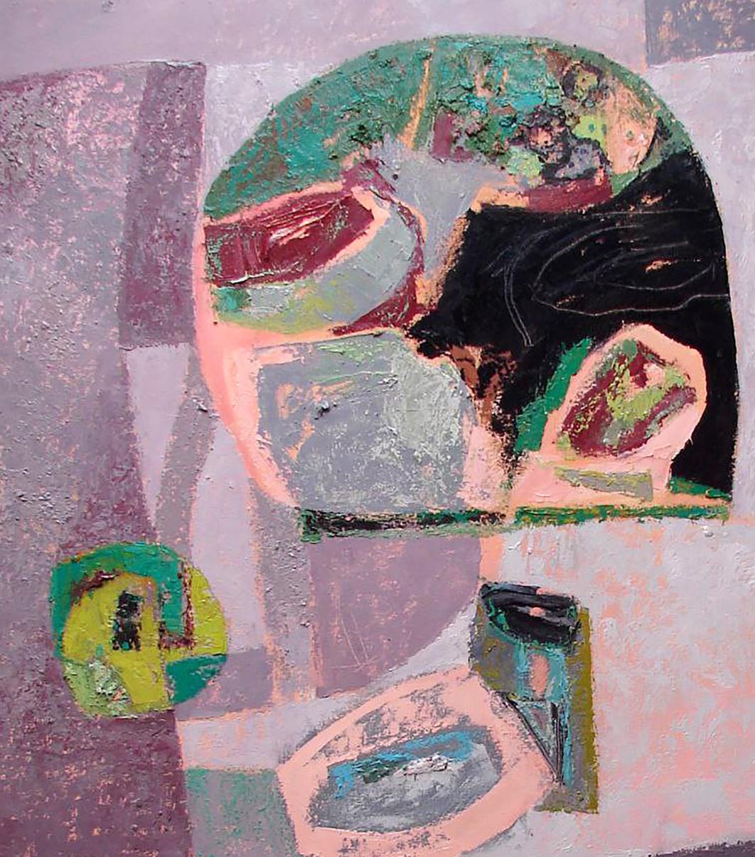 Oil painting Shape Transformation by Tatyana Shulyak in teal, black, pink, gray
