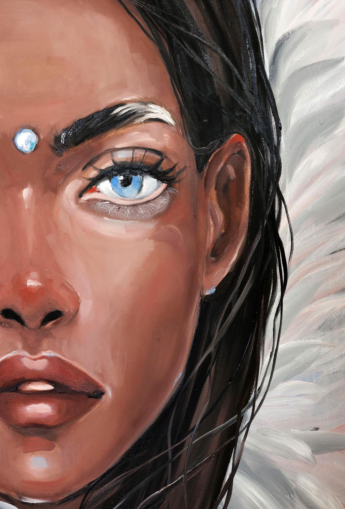 Oil painting Wings by Victoria Kagalovska: woman with blue eyes, dark hair, white forehead gem