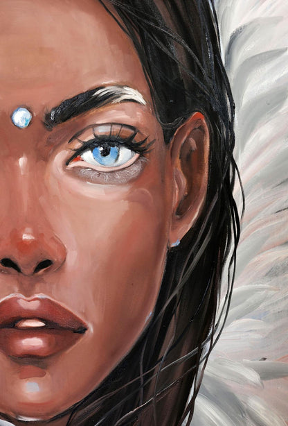 Oil painting Wings by Victoria Kagalovska: woman with blue eyes, dark hair, white forehead gem
