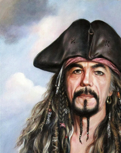 Oil painting self-portrait as Jack Sparrow by Valeriy Bulat, pirate in tricorn hat