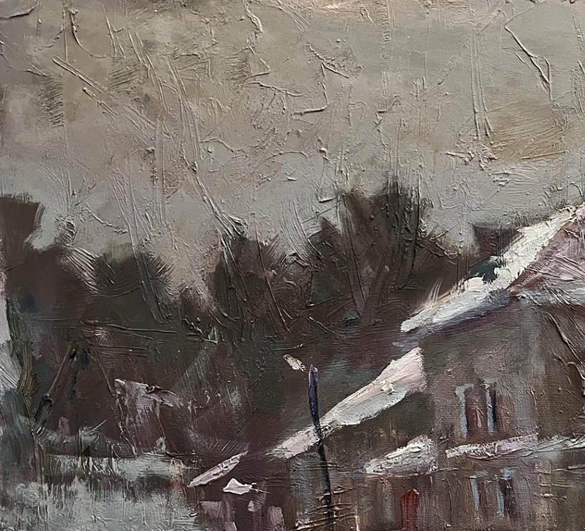 Textured impressionistic oil painting of snowy village by Volodymyr Pashchenko