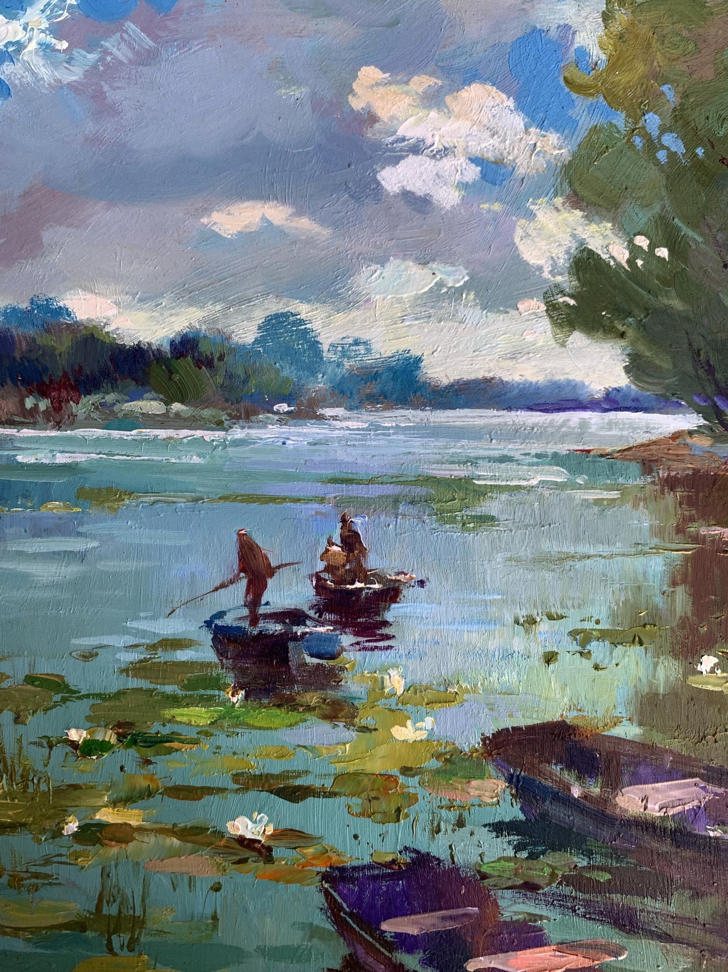 Serene oil painting of boat trip by Yuriy Suprunchuk on tranquil lake