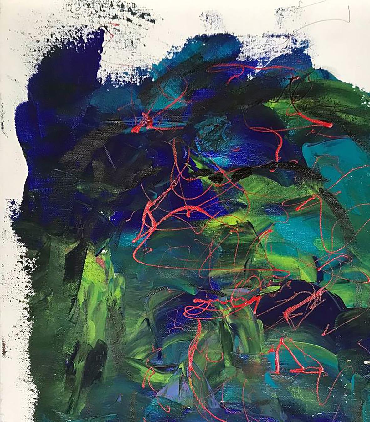 Acrylic Face painting by Olga Melezhik with blue, green, red strokes