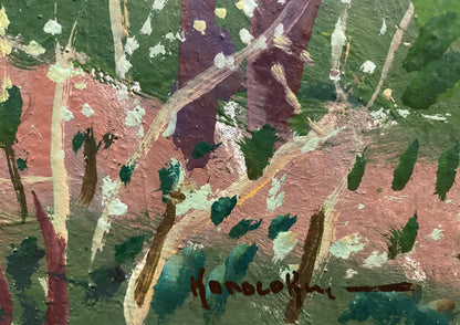 Oil painting Young days by Georgy Kolosovsky with green pink purple strokes