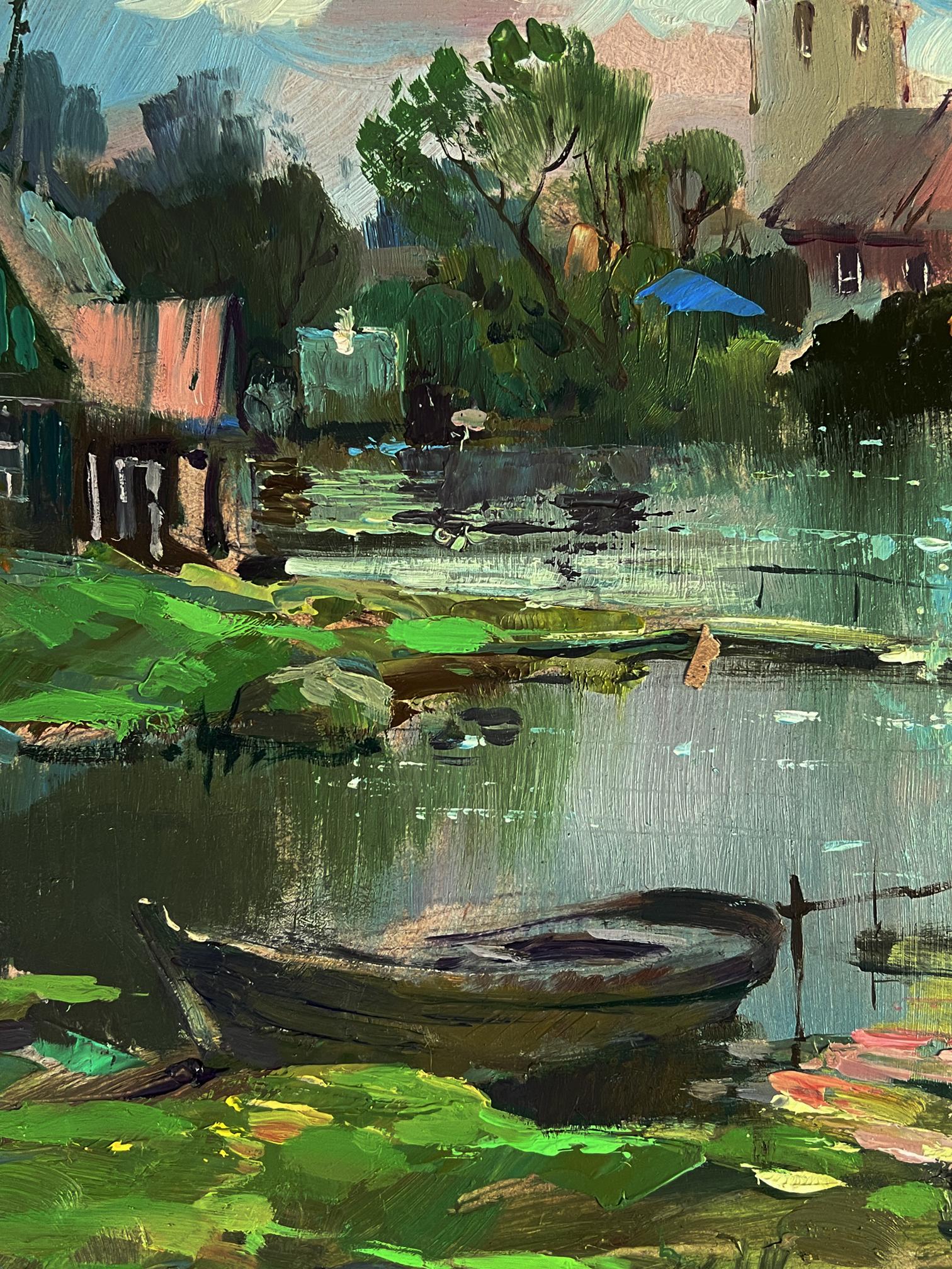Oil painting of rowboat on green lily pad river near church by Yuriy Suprunchuk