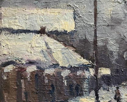 Oil painting Sunday Volodymyr Pashchenko snowy street impasto scene