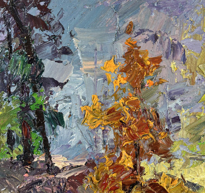 Oil painting The road among the trees by Boris Serdyuk with vibrant autumn leaves