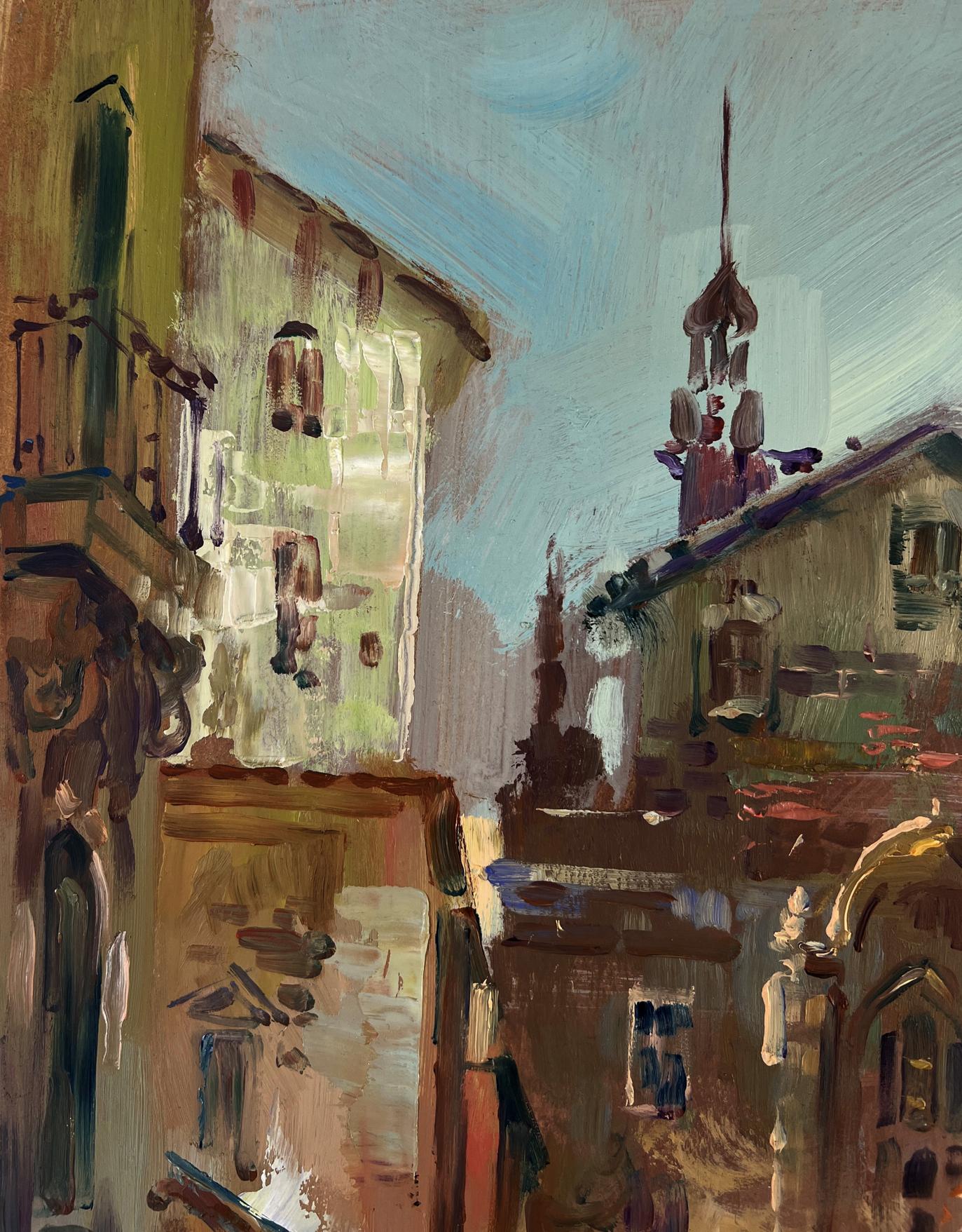 Oil painting of Yuriy Suprunchuks narrow sunlit European street with spire