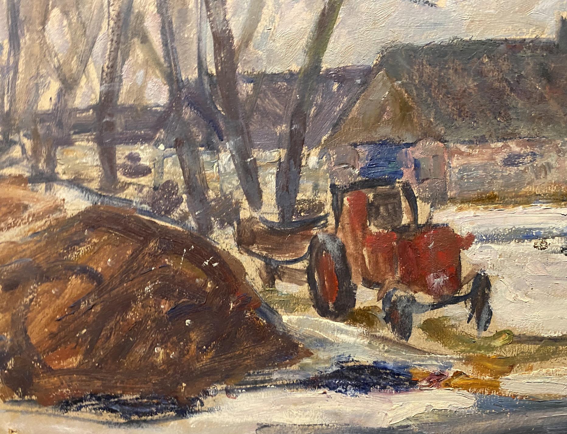 Impressionistic oil painting of red tractor by Stanislav Petrashevsky