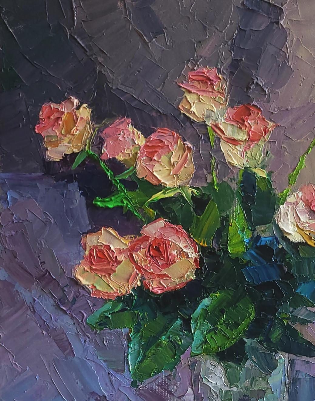 Oil painting Roses in crystal by Boris Serdyuk: pink peach roses bouquet