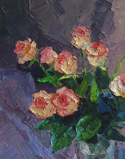 Oil painting Roses in crystal by Boris Serdyuk: pink peach roses bouquet