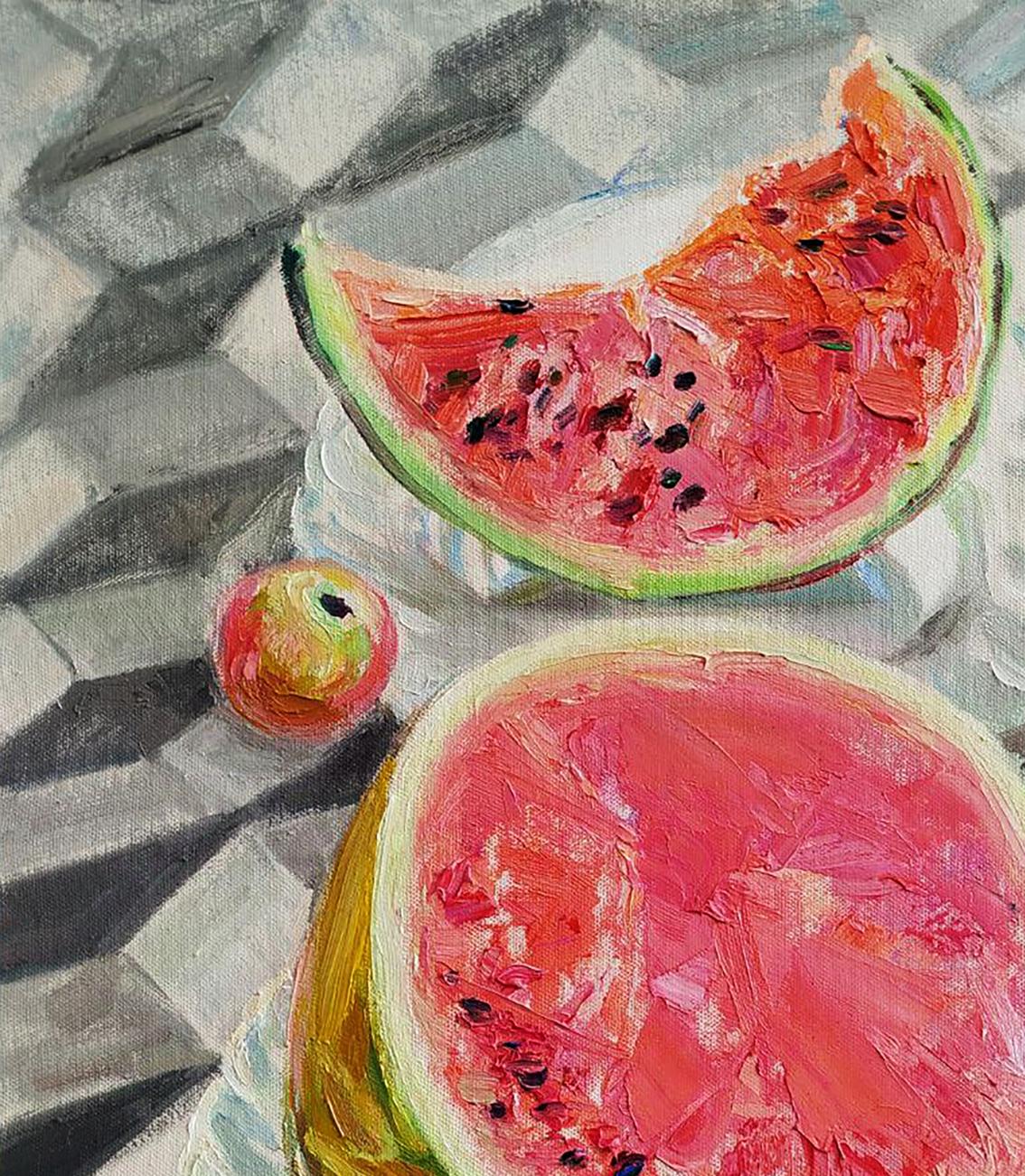 Oil painting of vibrant watermelon with apple by Leonid Pavlenko