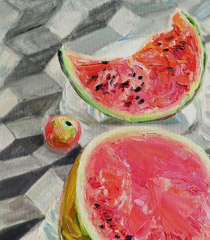 Oil painting of vibrant watermelon with apple by Leonid Pavlenko