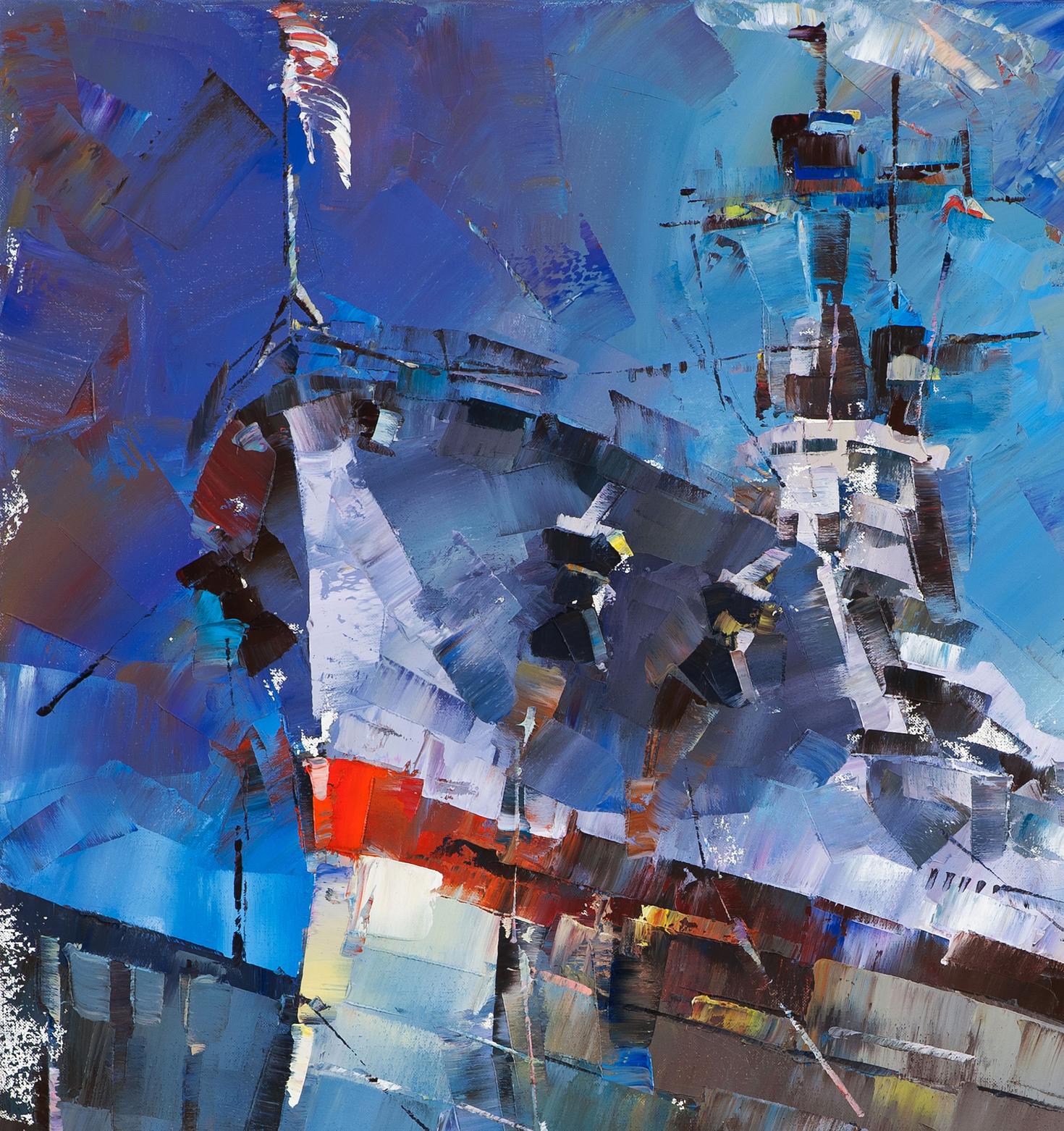 Oil painting of USS Texas BB-35 in Norfolk dry dock, abstract blue white with red accents
