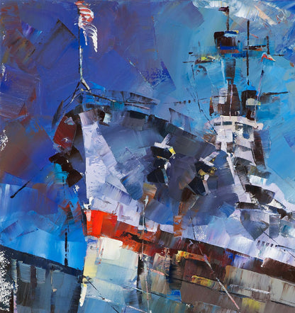 Oil painting of USS Texas BB-35 in Norfolk dry dock, abstract blue white with red accents