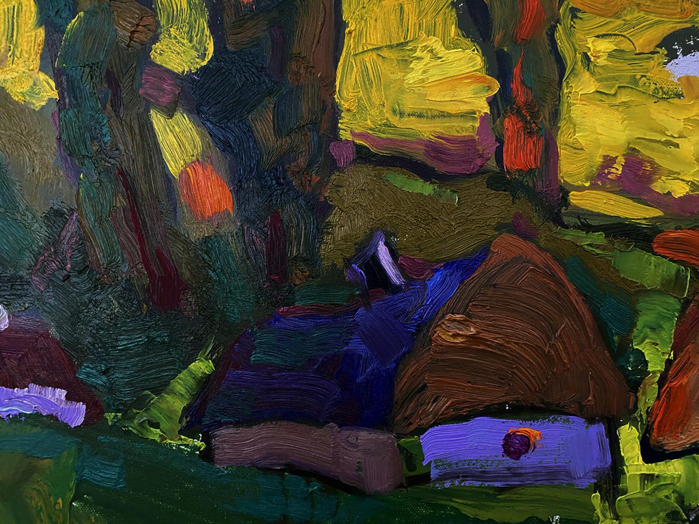 Vibrant Warm Evening oil painting by Oleksiy Ivanyuk with bold yellow, green, purple, brown strokes