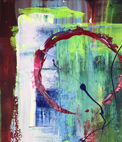Acrylic painting Red sun by Olga Melezhik, bold red circular stroke on green-blue textured background