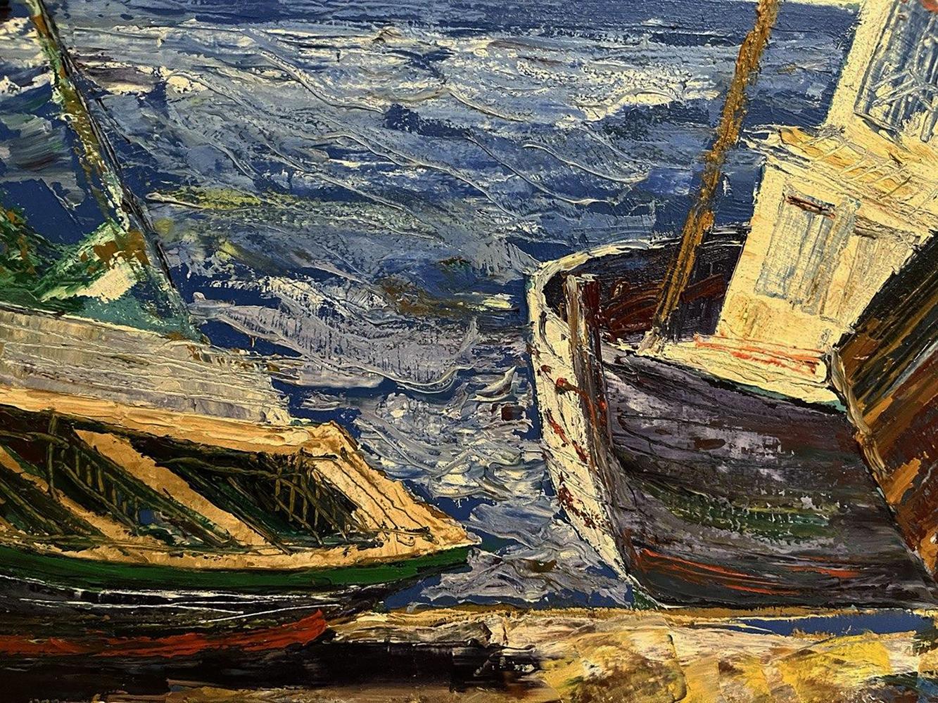 Vibrant impressionist oil painting Dock by Serhiy Kovalev: two weathered boats in choppy sea